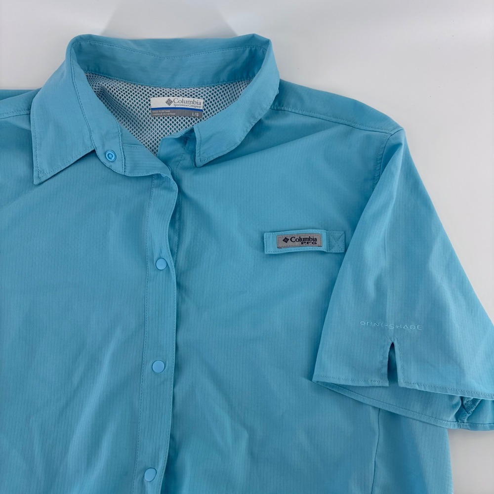Columbia PFG Fishing Shirt Mens Large Blue Short Sleeve Omni-Shade Button Down